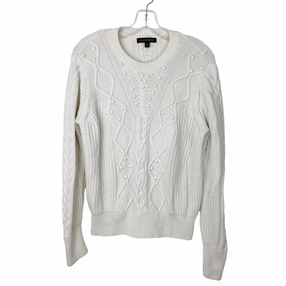 Banana Republic Cable Knit Pearl Wool Blend Ski Sweater Size Medium Cream - Picture 11 of 12